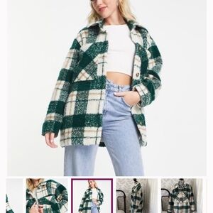 Abercrombie & Fitch Green and Cream Plaid Teddy Jacket